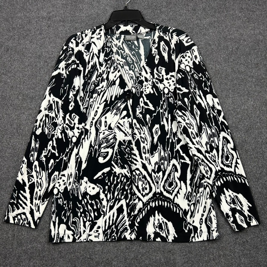 Additions by Chicos Top Abstract Graphic Long Sleeve One Button Black White Sz 2