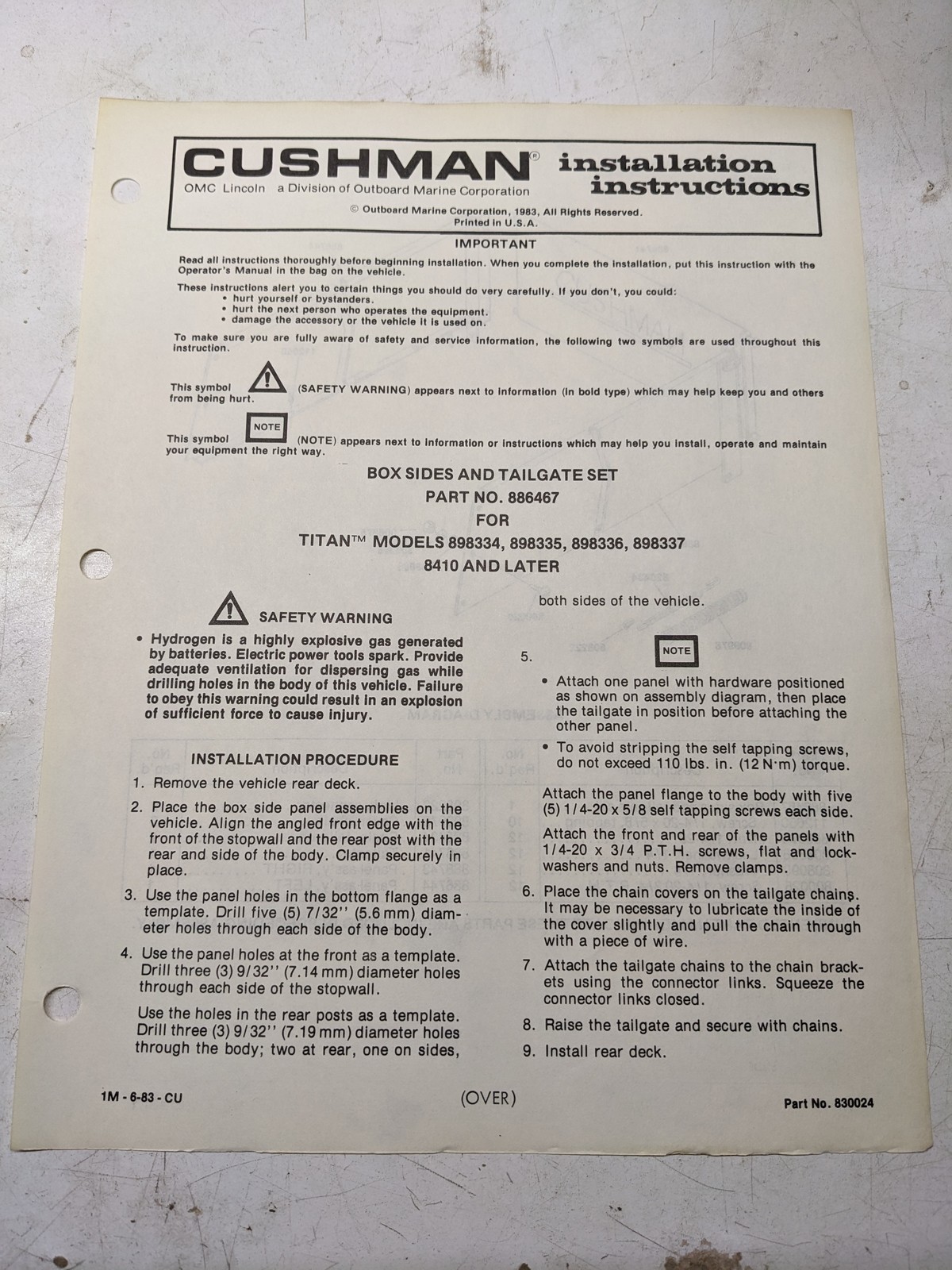 CUSHMAN INSTALLATION INSTRUCTIONS MANUAL BOX SIDES TAILGATE SET 886467 1983 CUSHMAN INSTALLATION INSTRUCTIONS MANUAL BOX SIDES TAILGATE SET 886467 1983