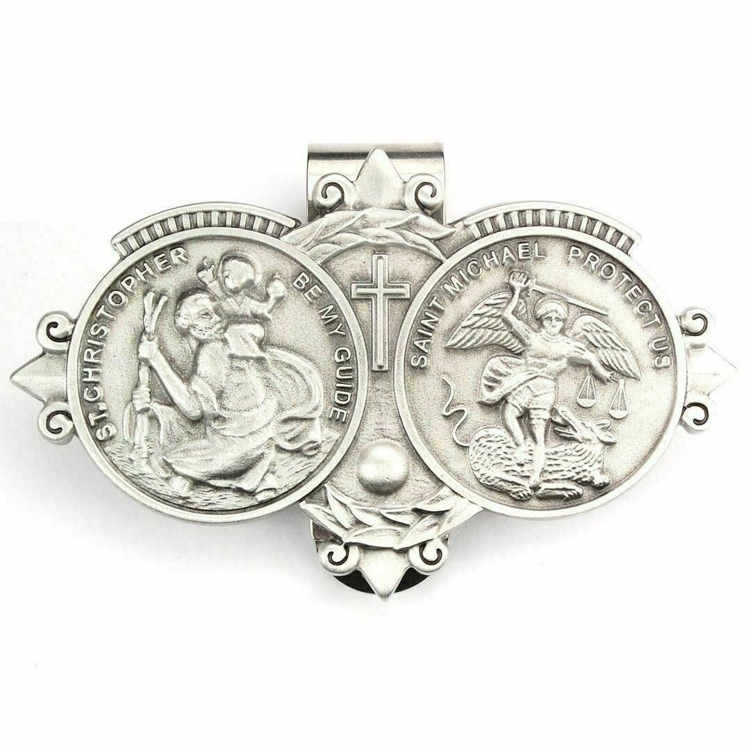 St Christopher & St Michael Medal Silver Catholic Guide & Protect Visor Clip