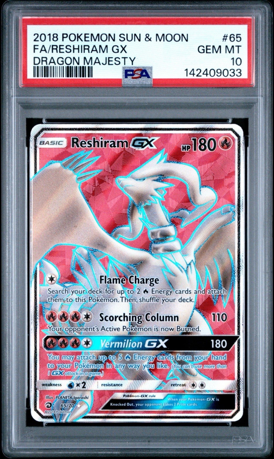 2018 POKEMON SUN & MOON DRAGON MAJESTY #65 FULL ART/RESHIRAM GX PSA 10