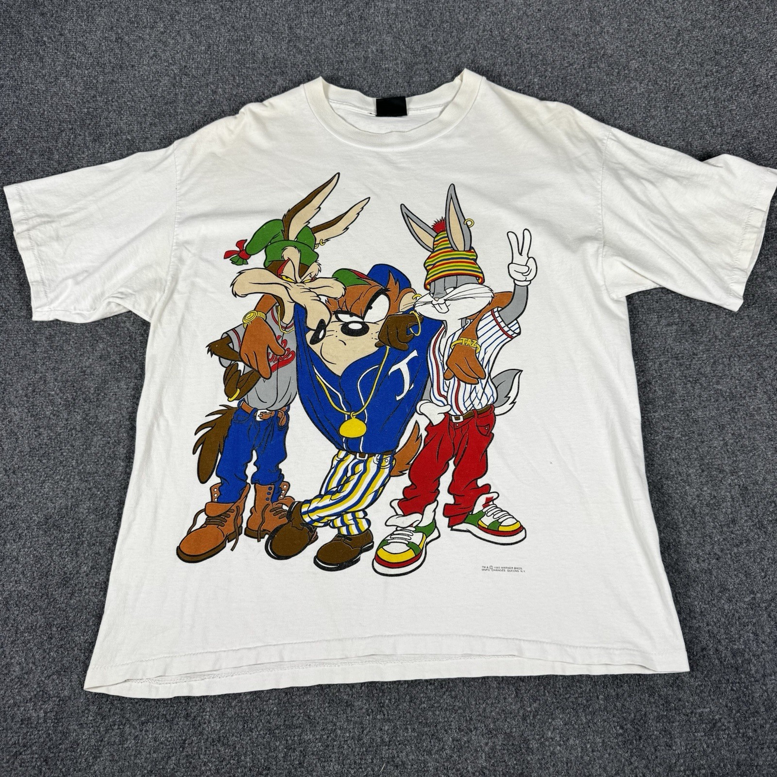 Vtg 90s Looney Tunes Hip Hop Rap Tee T Shirt XL White Bugs Bunny Taz Coyote 1993