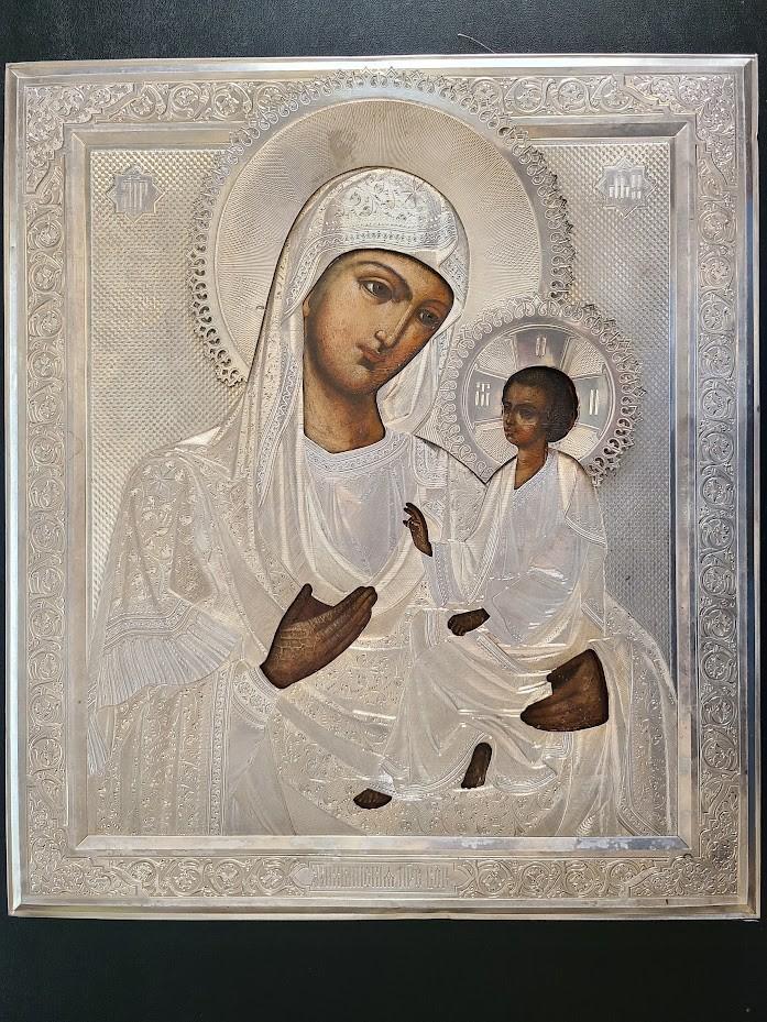 Antique Russian Orthodox hand painted icon of Mother of God. 19 c.