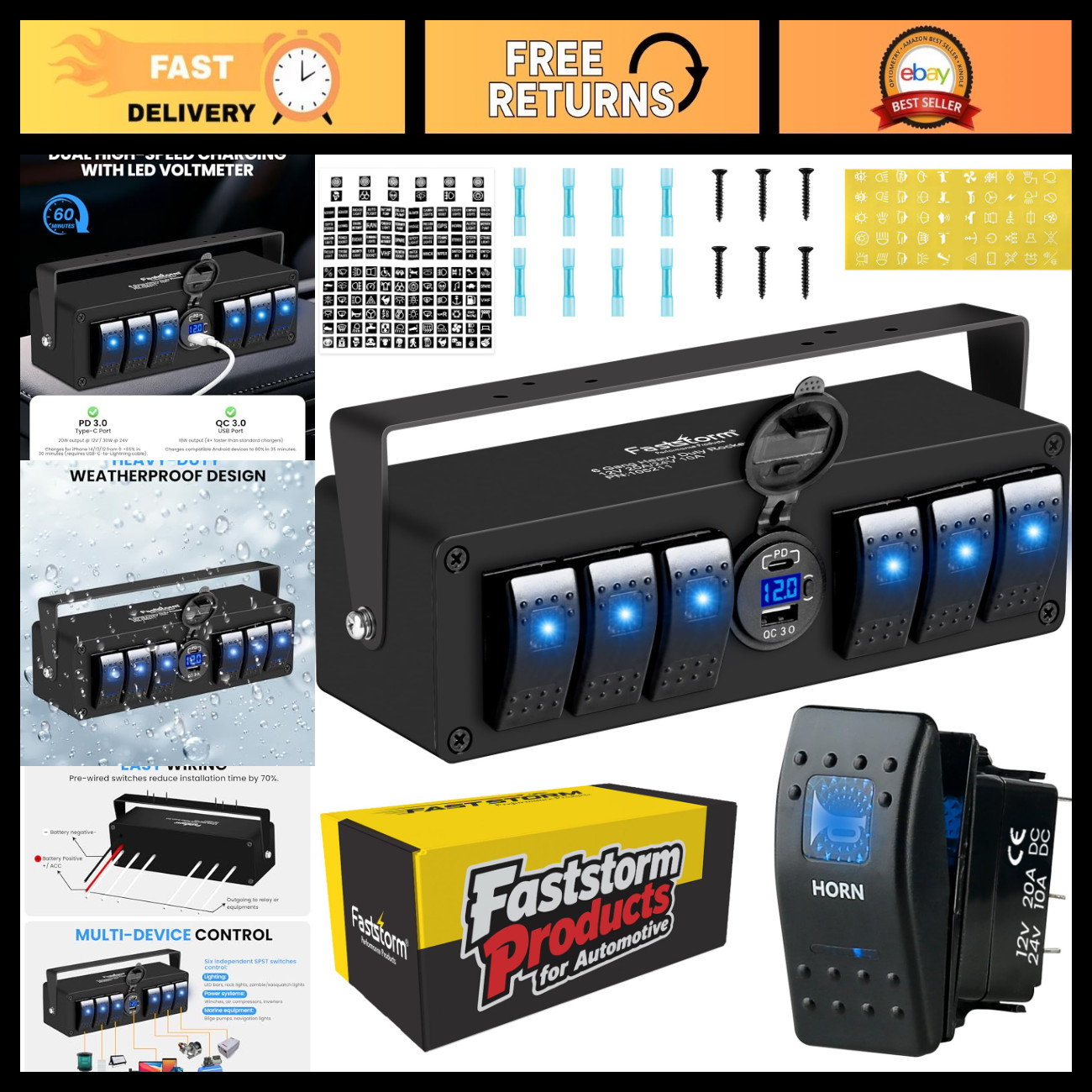Waterproof 6 Gang Rocker Switch Panel 12V/24V DC with USB Ports for Boat, Car, R
