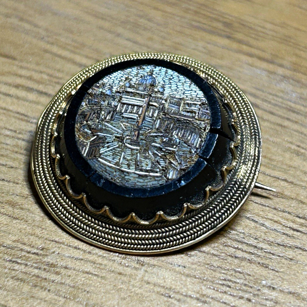 Antique 1890s Victorian 14k Gold St Peter’s Square Italian Micro-Mosaic Brooch Antique 1890s Victorian 14k Gold St Peter’s Square Italian Micro-Mosaic Brooch