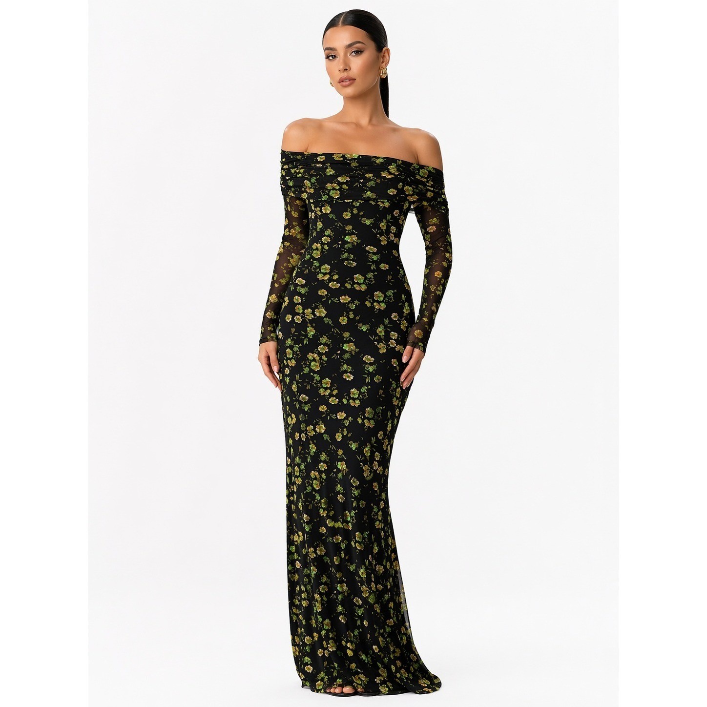 AFRM Thelma Black Floral Mesh Off The Shoulder Long Sleeve Maxi Dress Size M NWT