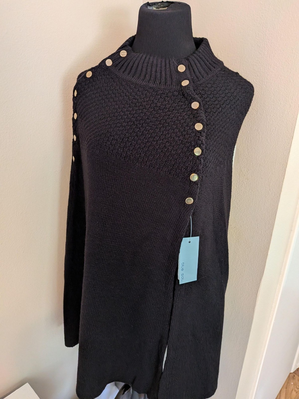 Blue Sol Sz. L Black Sweater Poncho Mock Neck New w/Tags