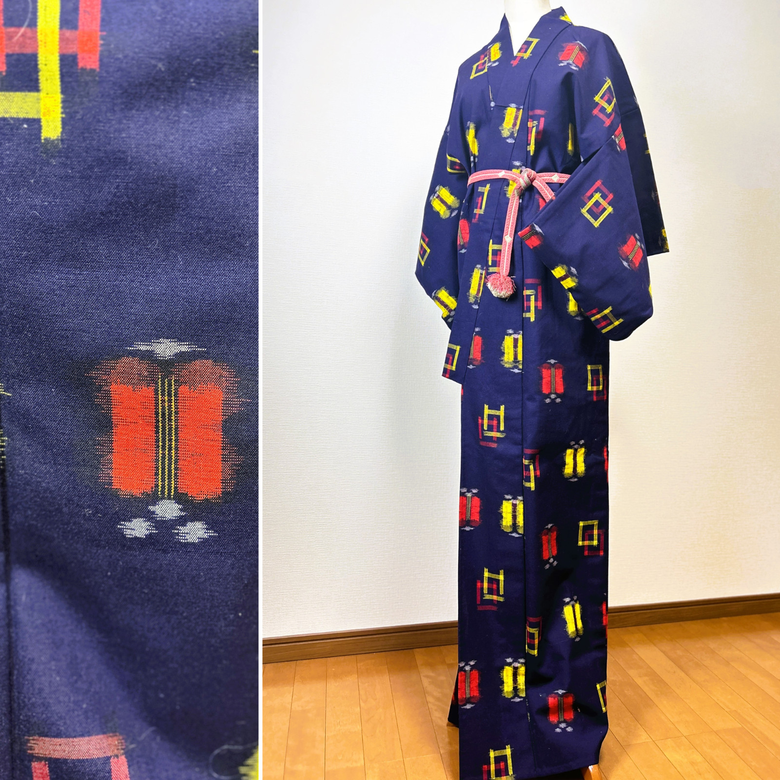 【Near Mint】antique kimono,japanese kimono , kimono robe, kasuri kimono,navy 【Near Mint】antique kimono,japanese kimono , kimono robe, kasuri kimono,navy