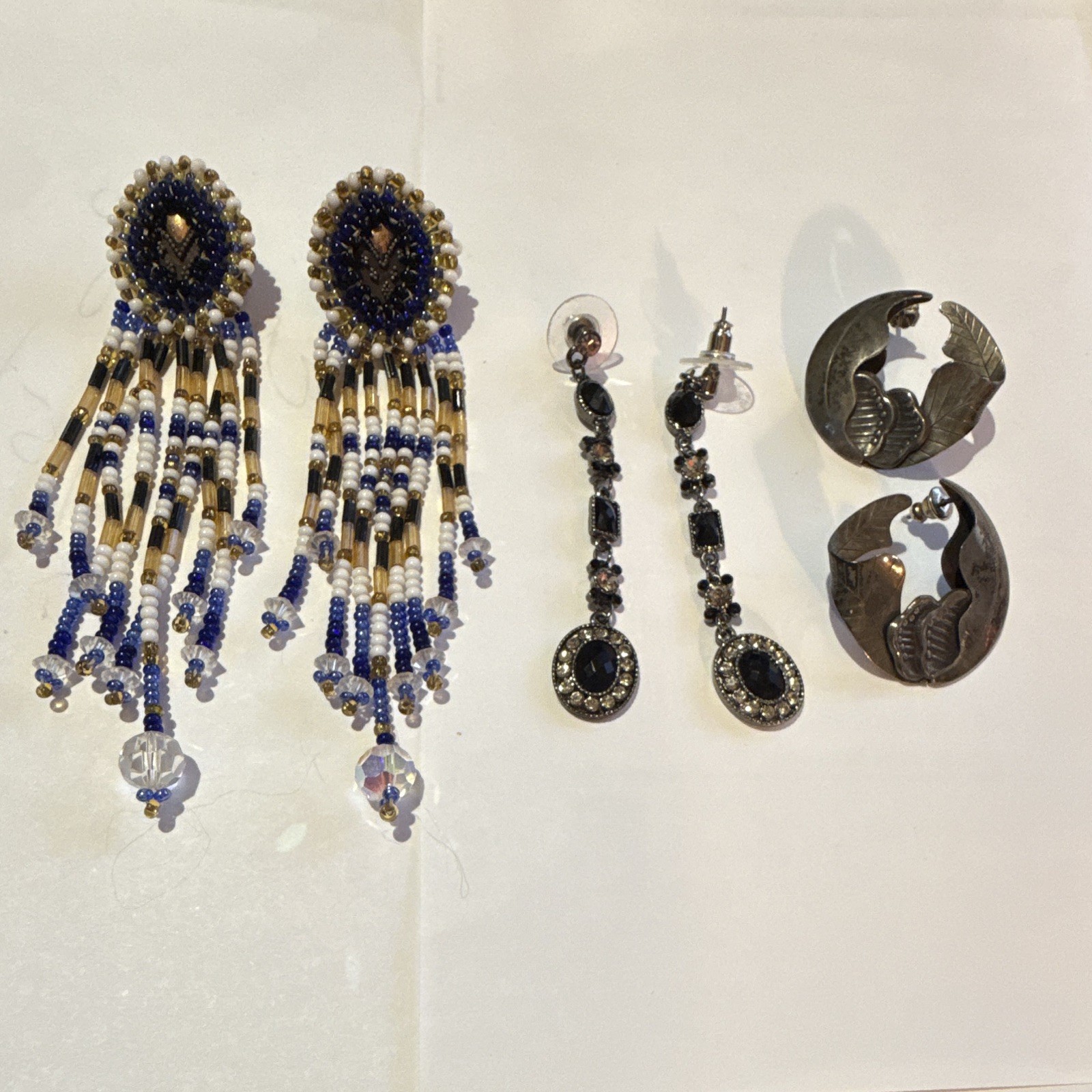 3pc VTG Earring Lot - Hand Beaded Fringe, Modernist Silver, Art Deco Rhinestone 3pc VTG Earring Lot - Hand Beaded Fringe, Modernist Silver, Art Deco Rhinestone