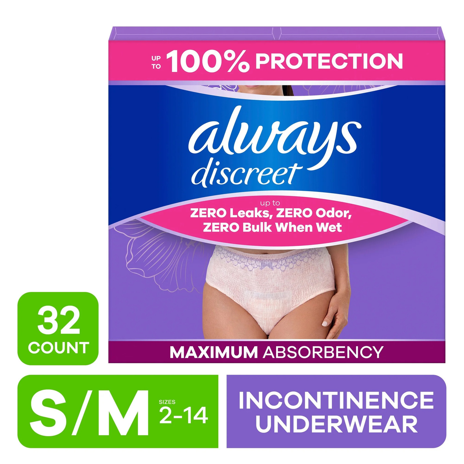Always Discreet Adult Incontinence Underwear Women S/M 32 Count Disposable Brief