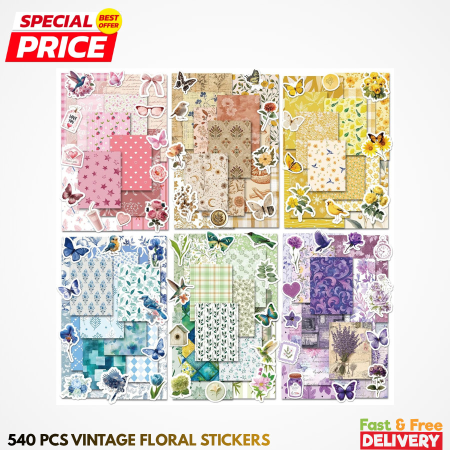540PCS Vintage Floral Scrapbook Stickers Paper Junk Journal Planner Craft Set
