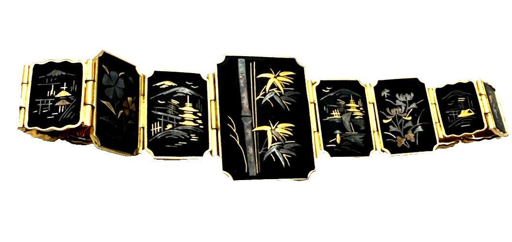 1950s Vintage Amita Damascene 11 Scene Japan Etched Bangle Bracelet FOR REPAIR 1950s Vintage Amita Damascene 11 Scene Japan Etched Bangle Bracelet FOR REPAIR