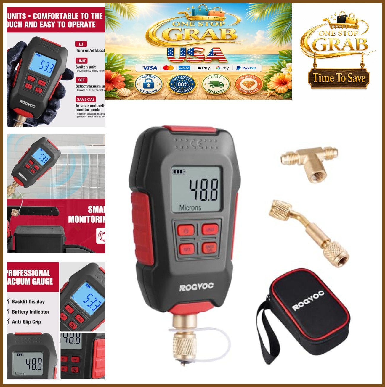 Digital Vacuum Gauge HVAC Micron Meter 1/4 Inch SAE Pirani Sensor Buzzer Alarm