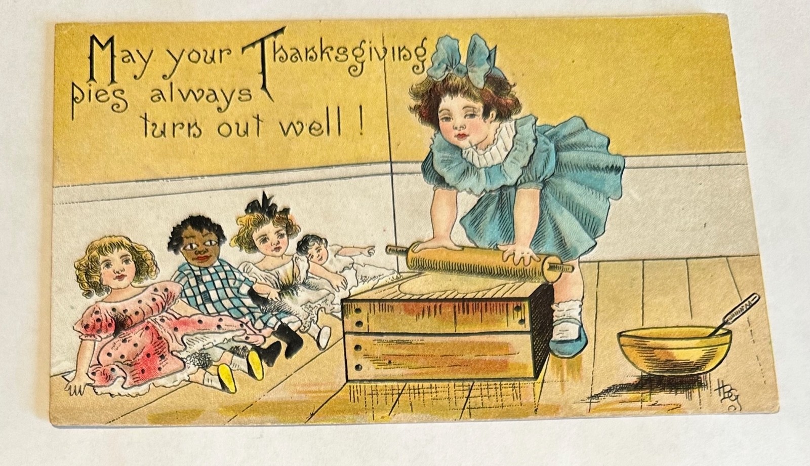 Antique Thanksgiving Postcard Girl Baking Pies with Dolls 1910 Antique Thanksgiving Postcard Girl Baking Pies with Dolls 1910