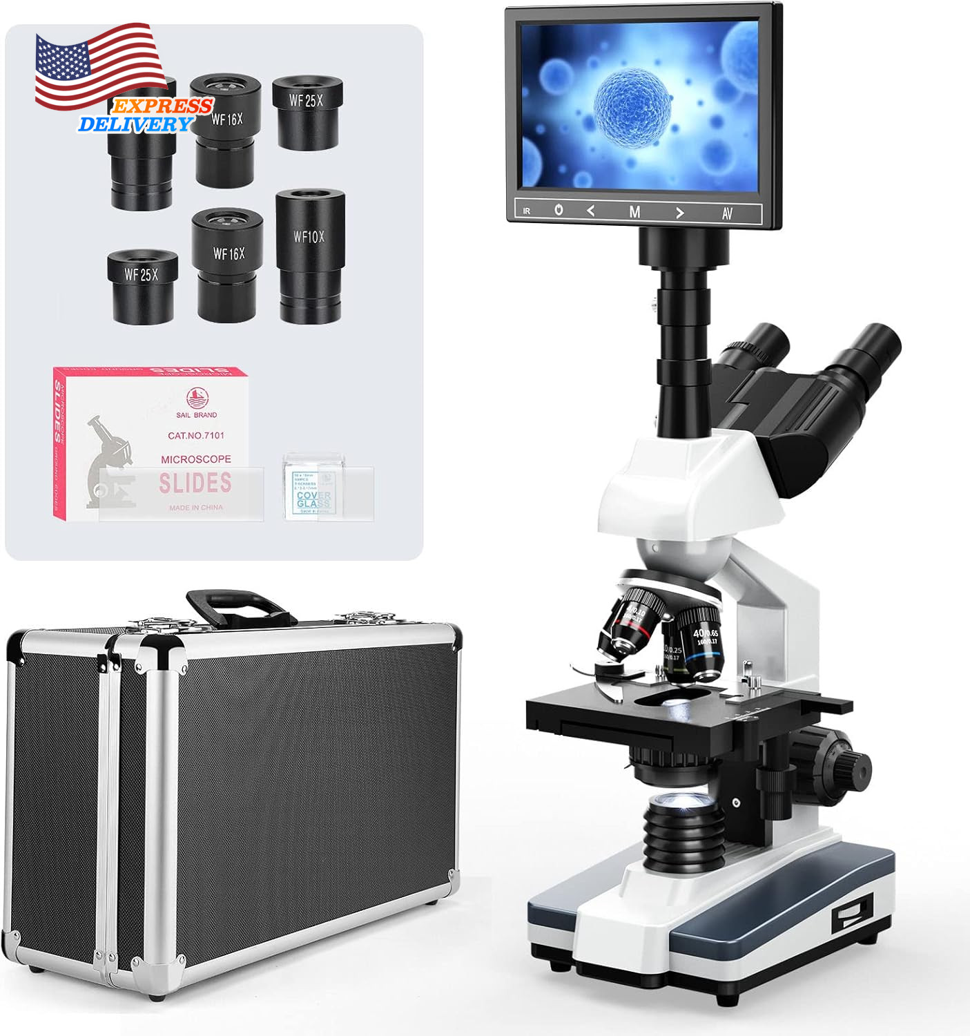 Lab Compound Trinocular Microscopes 40X-2500X Magnification with 7
