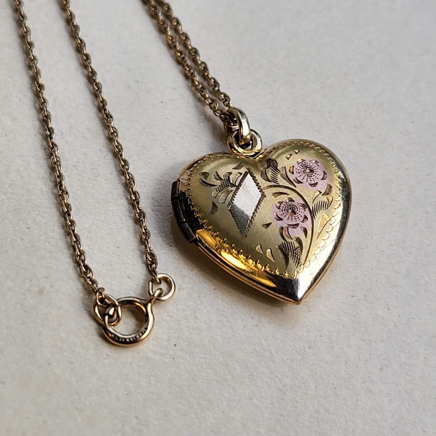 Vintage 12K Gold Filled Heart Locket Necklace Engraved Floral Photo Pendant GF