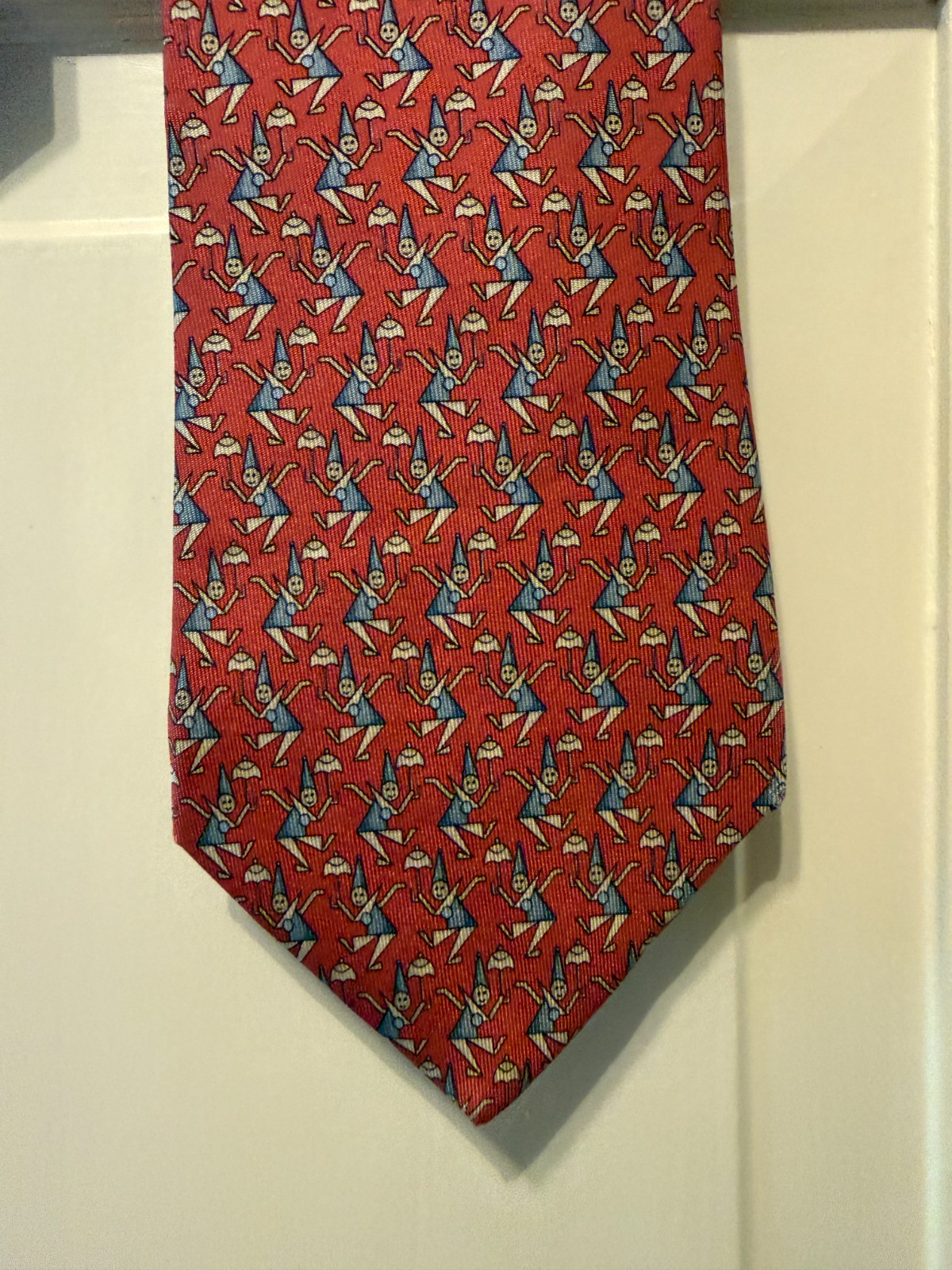 Rare Salvatore Ferragamo Vintage 100% Silk Tie Red Dancing Gnome  Italy