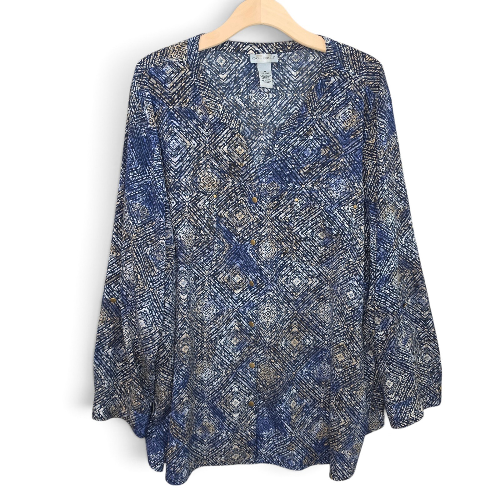 Catherines Top Womens 3X 26/28W Blue Geometric Roll Tab Sleeve Stretch Blouse 