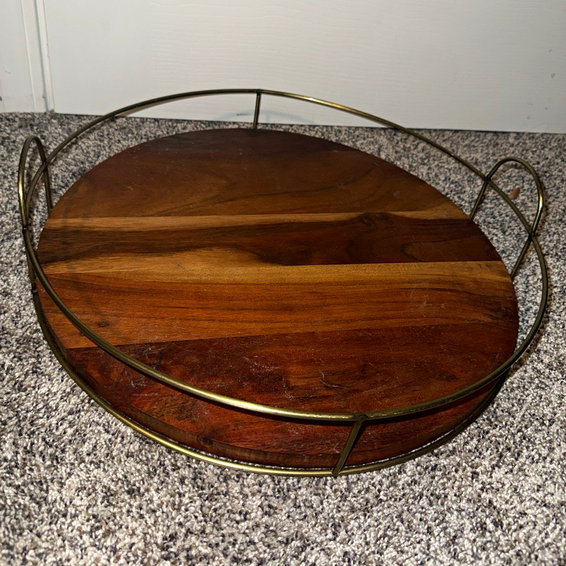 Round Wood Serving Tray w/ Gold-Tone Metal Handles & Rim, Large 18 in Round Wood Serving Tray w/ Gold-Tone Metal Handles & Rim, Large 18 in