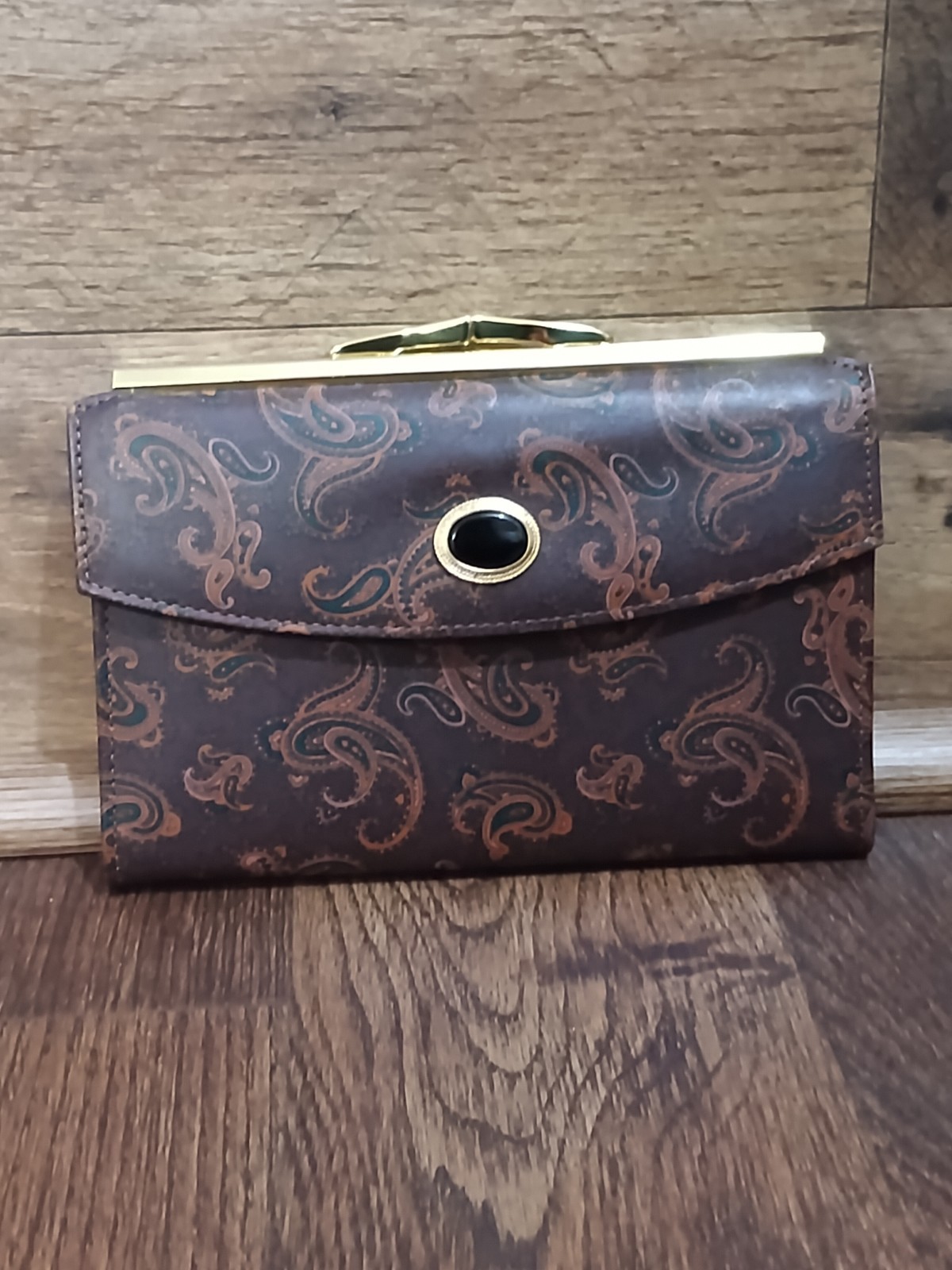 Vintage French Leather Paisley Clutch Purse Wallet Brown Gold Floral 1960 NOS Vintage French Leather Paisley Clutch Purse Wallet Brown Gold Floral 1960 NOS