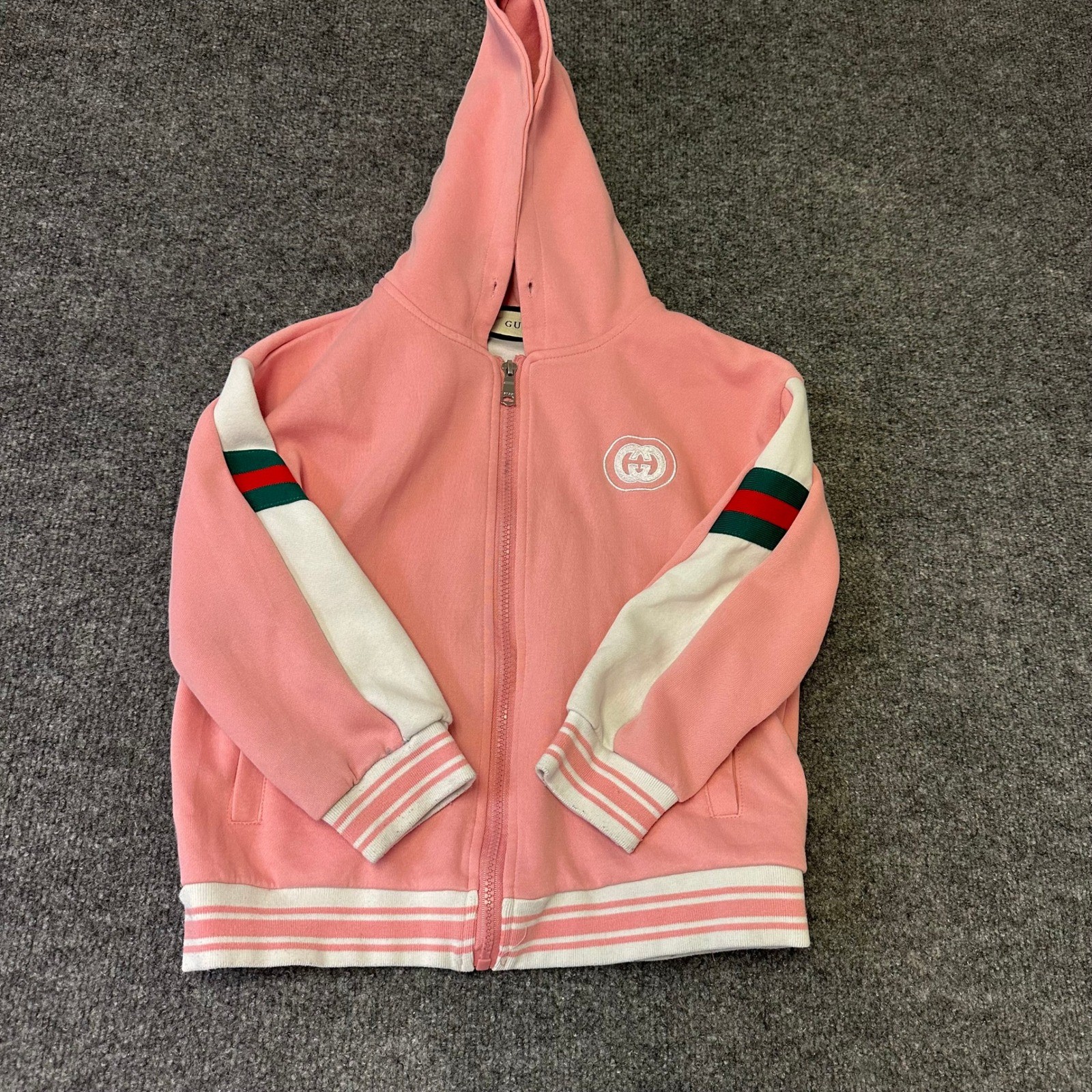 Gucci Zip Hoodie Kids Size 6 Pink Cotton Web Stripe Logo Long Sleeve Sweatshirt