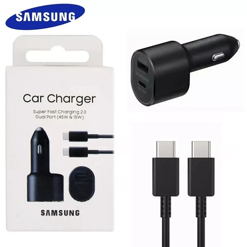 Original New Samsung 45W 2 Ports Super Fast Charging Dual Car Charger with Cable