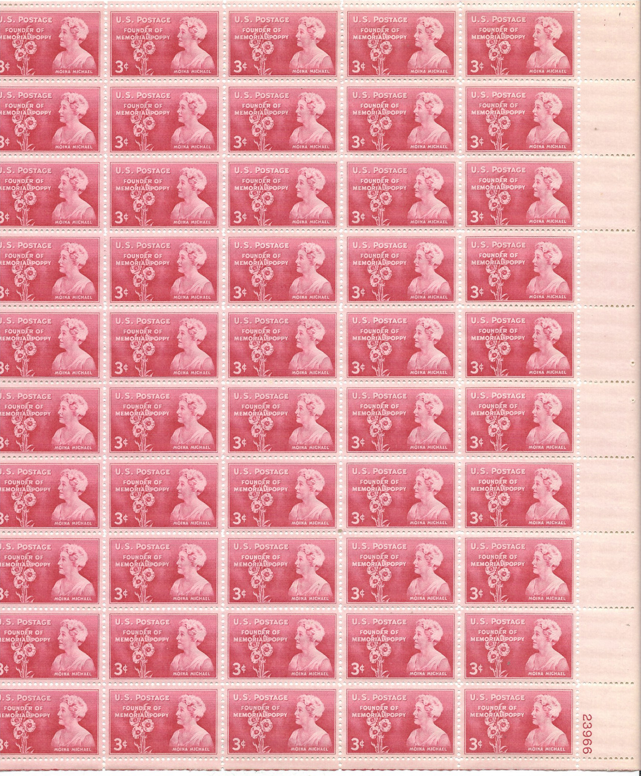 Scott #977...3 Cent...Moina Michael...Sheet of 50