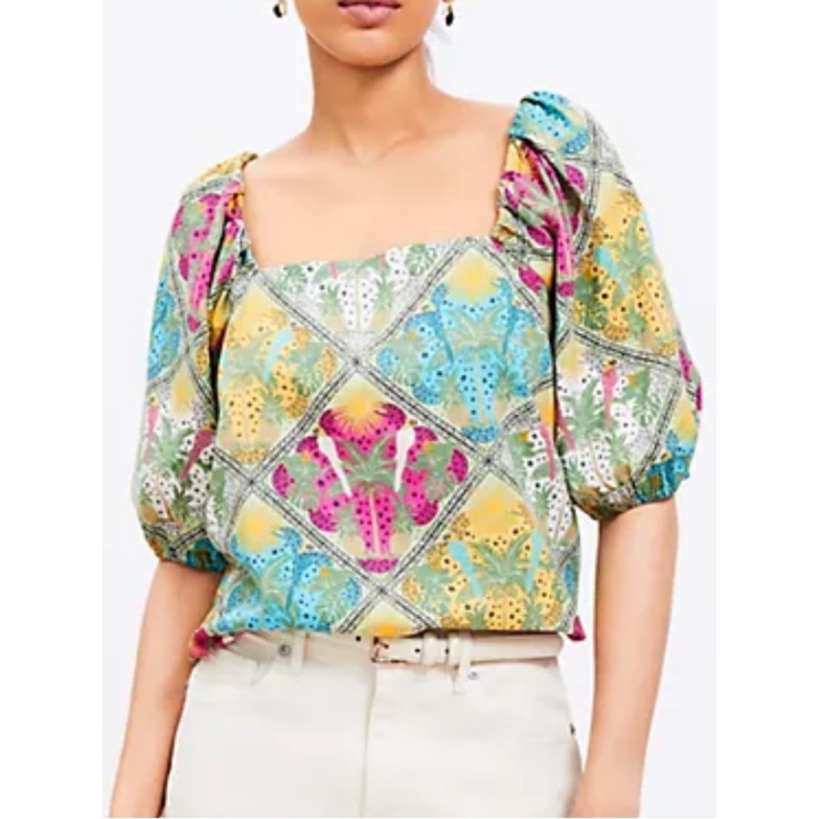 LOFT Palm Bubble Sleeve Square Neck Tropical Blouse Medium