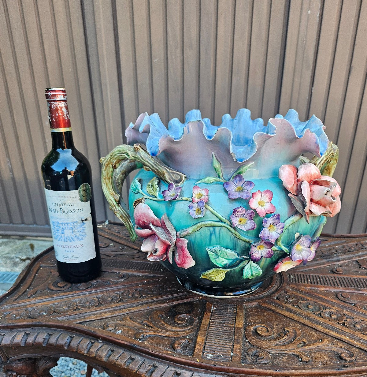 Antique Barbotine majolica planter jardiniere floral decor art nouveau 1900s Antique Barbotine majolica planter jardiniere floral decor art nouveau 1900s