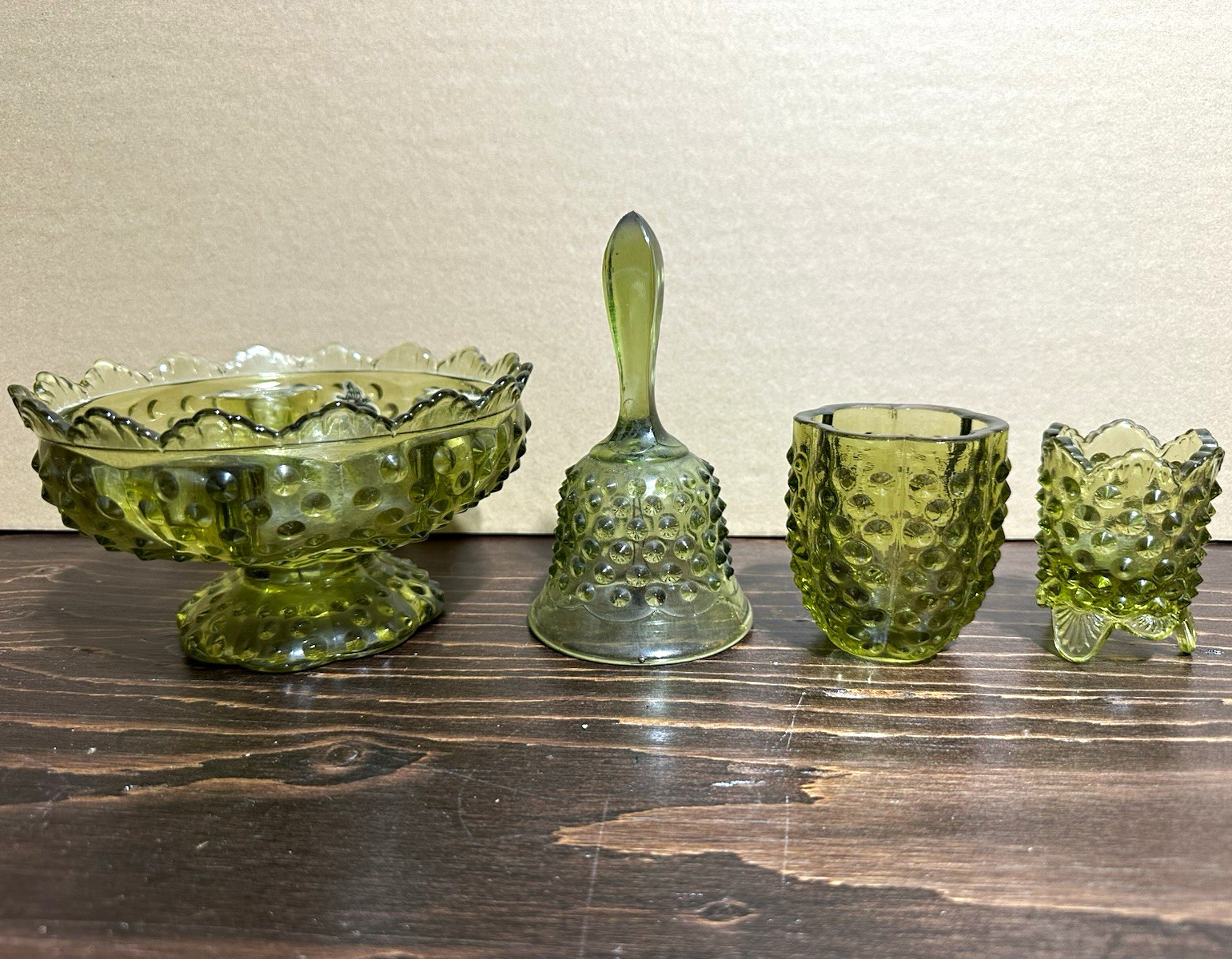 Fenton Green Hobnail Art Glass 4 pieces a Bowl, bell and two other pieces