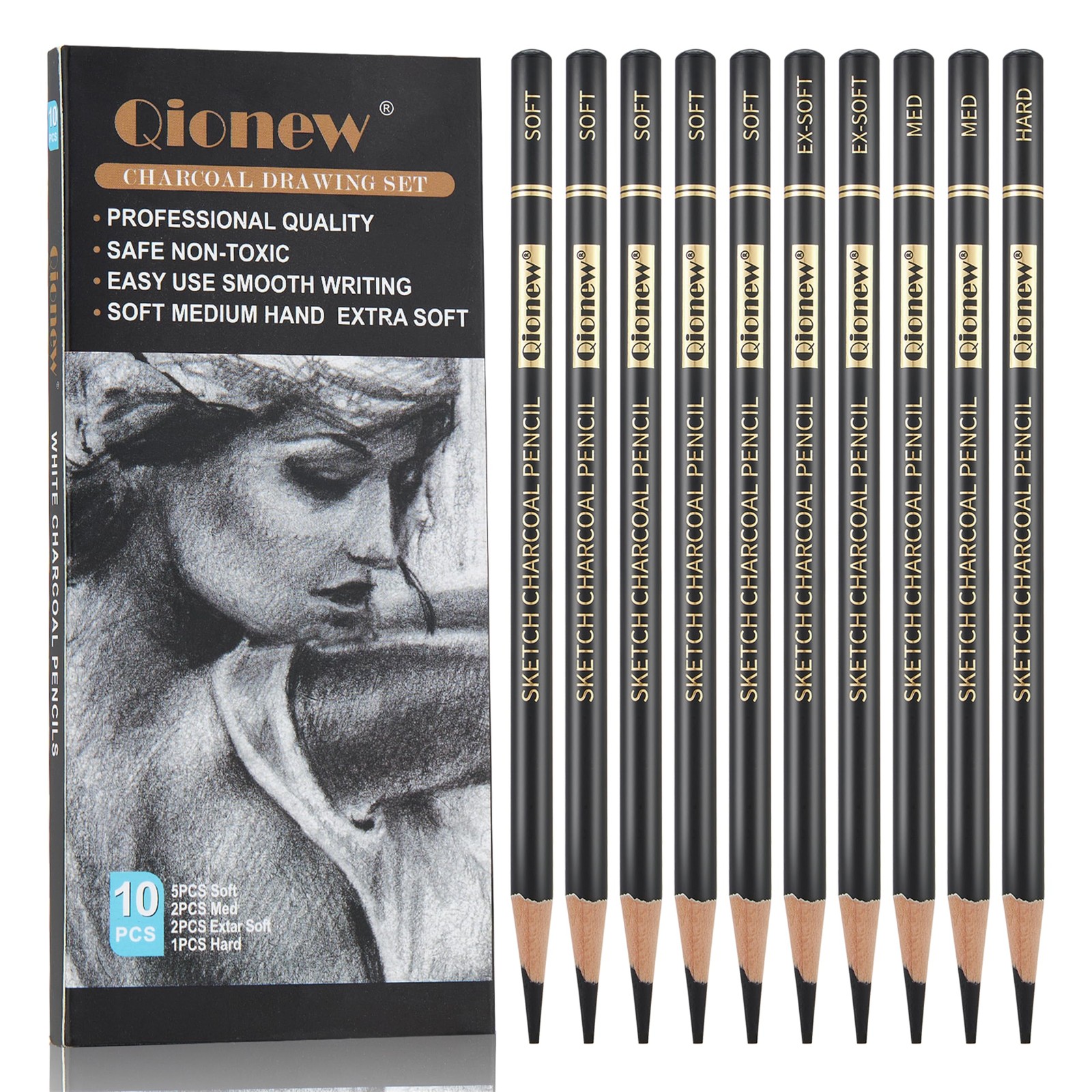 Qionew Professional Soft Medium and Hard Charcoal Pencils Drawing Set 10Pcs