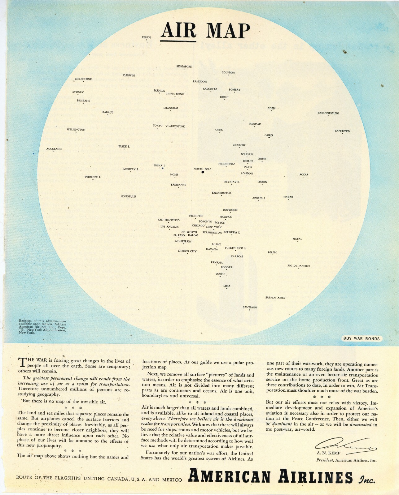1942 American Airlines Ad: World Airmap at the Beginning of World War Two 1942 American Airlines Ad: World Airmap at the Beginning of World War Two
