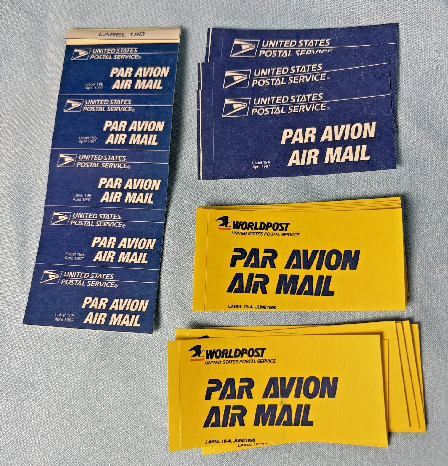 45 Vintage USPS Air Mail Labels Stickers 1990s 19B 19A Par Avion Yellow Blue