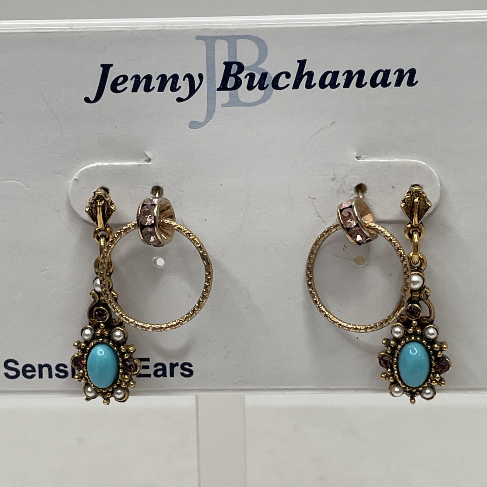 VTG. Jenny Buchanan ~ Gold Tone Jeweled Turquoise Drop Pierced Hoop VTG. Jenny Buchanan ~ Gold Tone Jeweled Turquoise Drop Pierced Hoop
