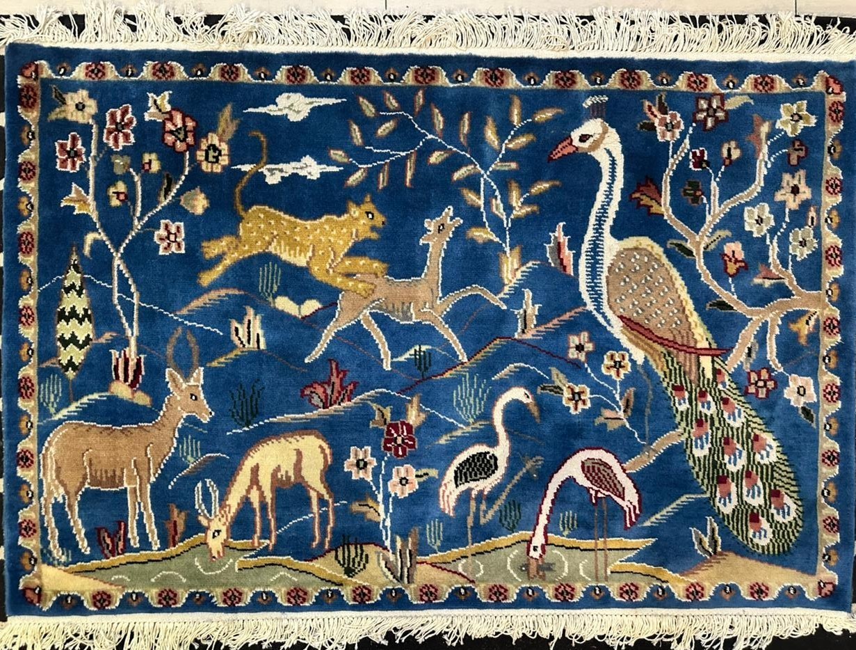 Hunting Scene High Quality Handmade Rug Blue Color Size: 4-1 x 2-8 ft