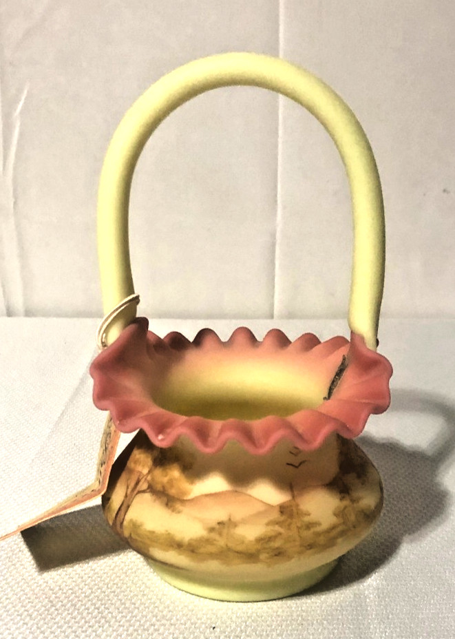 Vintage Fenton Burmese Glass Basket Hand Painted Trees by Sue Foster/Glows