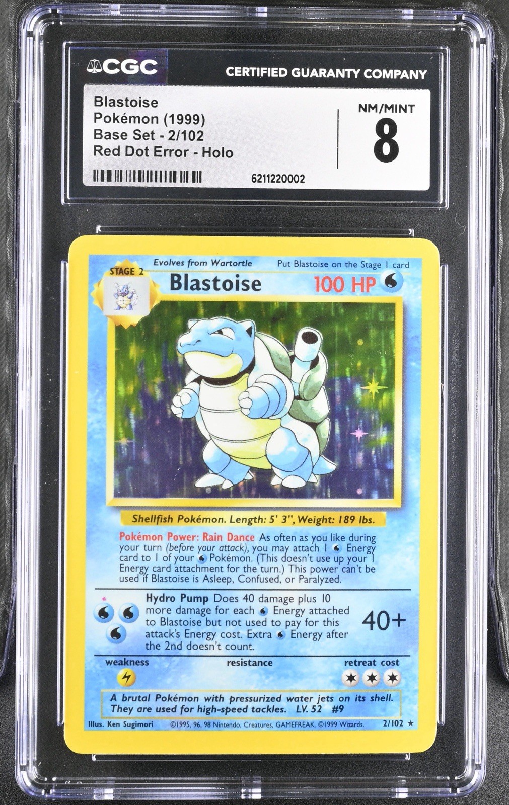 Blastoise 002/102 Base Set 1999 Red Dot Error Holo CGC 8