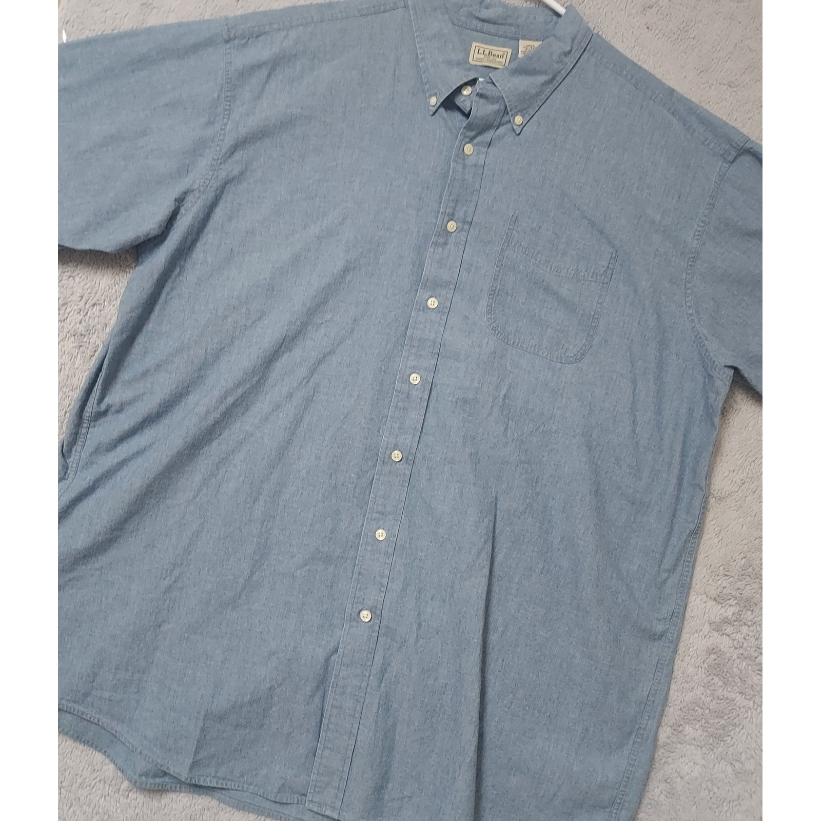 Vintage LL Bean Shirt Mens XXL Tall 2XLT Chambray Short Sleeve Blue Outdoor Work