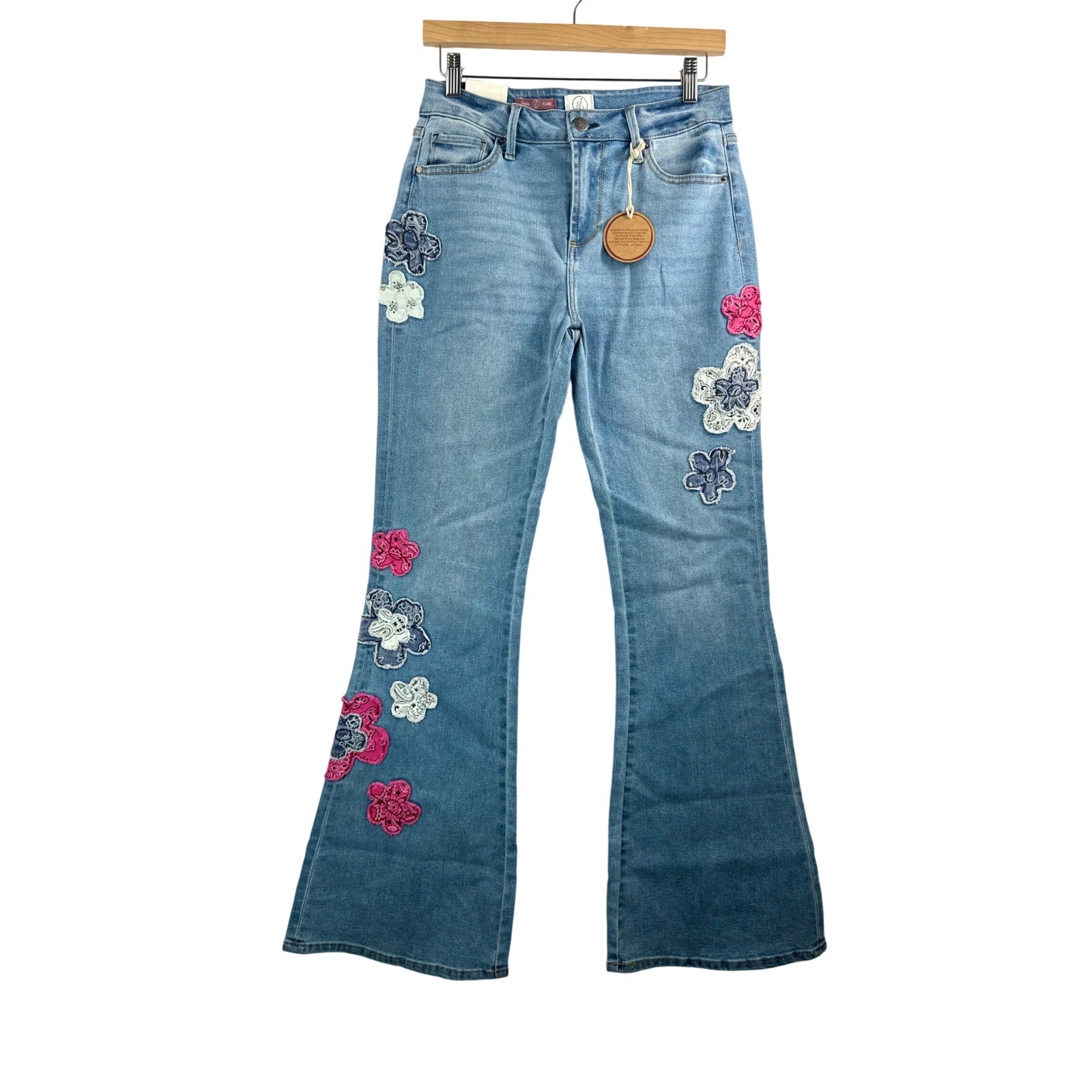 Driftwood Fiora Flare Jeans sz 10 Blue Floral Crochet Lace Boho Bell Bottoms