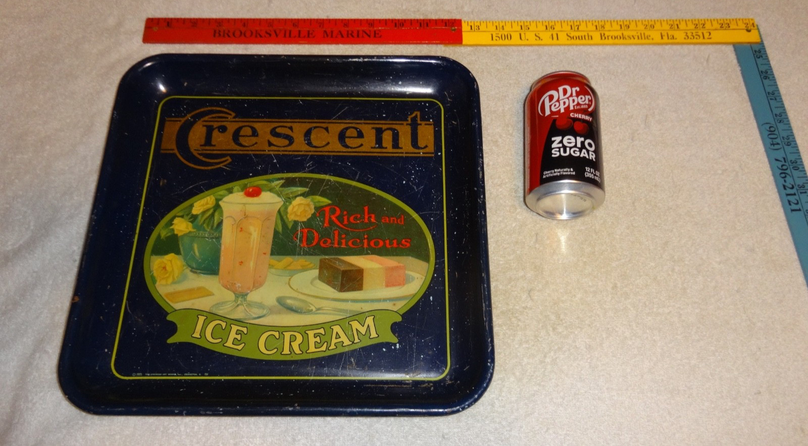 VINTAGE ANTIQUE ORIGINAL 1925 CRESCENT ICE CREAM 🍨 & MILK SHAKE METAL TRAY SIGN