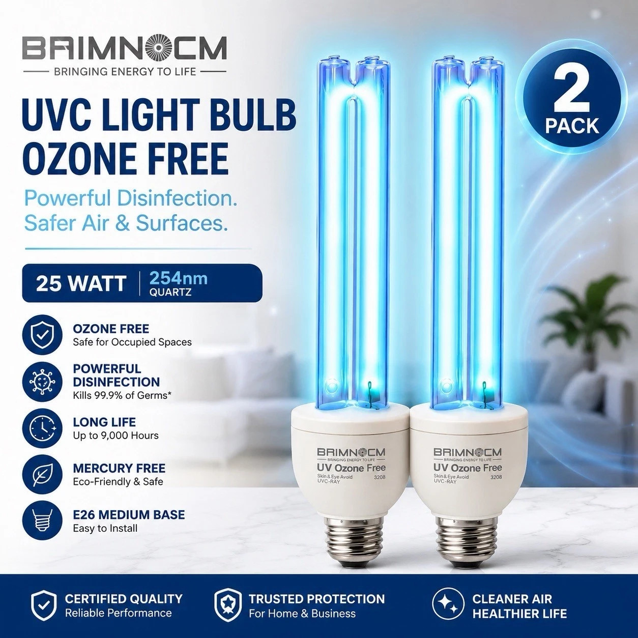 BAIMNOCM 2 Pack 25W UVC UV Light Bulbs 254nm Ozone Free E26 Germicidal Lamp