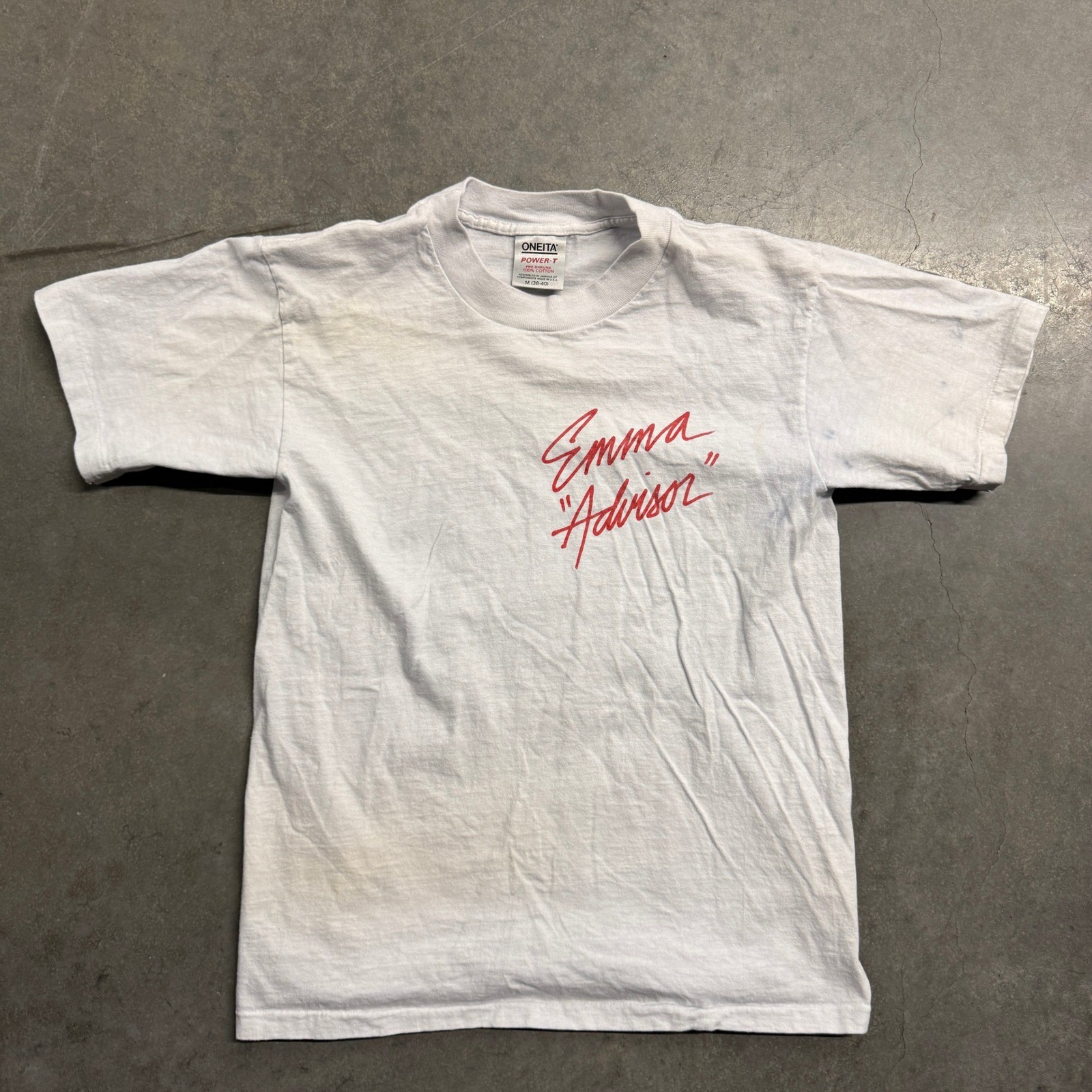 Vintage Oneita Power-T CUHS ASB Emma Advisor Graphic T-Shirt White Medium 90s