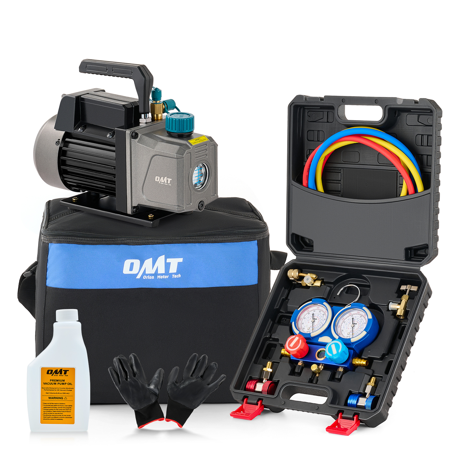 OMT Combo 3,5CFM 1/4hp HVAC Vacuum Pump Kit & AC Manifold Gauge Set w Case & Bag