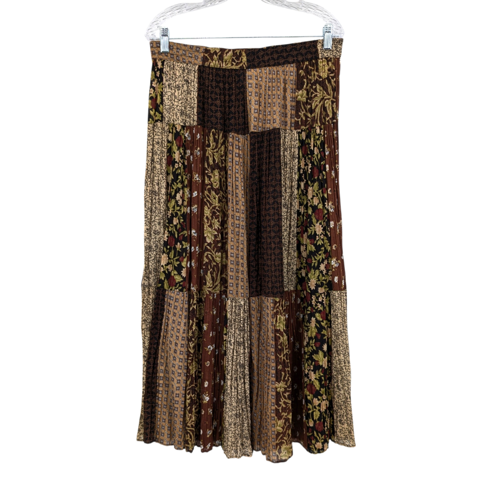 Vintage 90s Patchwork Tiered Maxi Skirt M Crinkle Earthy Whimsigoth Boho Witchy