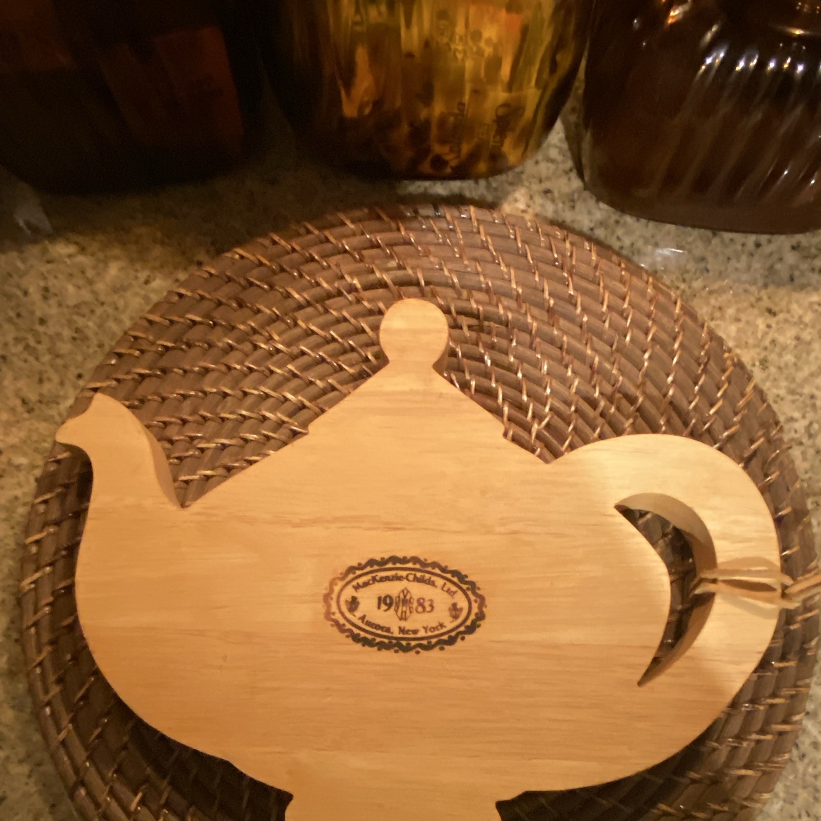 Rare Vtg MacKenzie-Childs Ltd Large Beige Wood Teapot-Shaped Trivet, 1983 Rare Vtg MacKenzie-Childs Ltd Large Beige Wood Teapot-Shaped Trivet, 1983