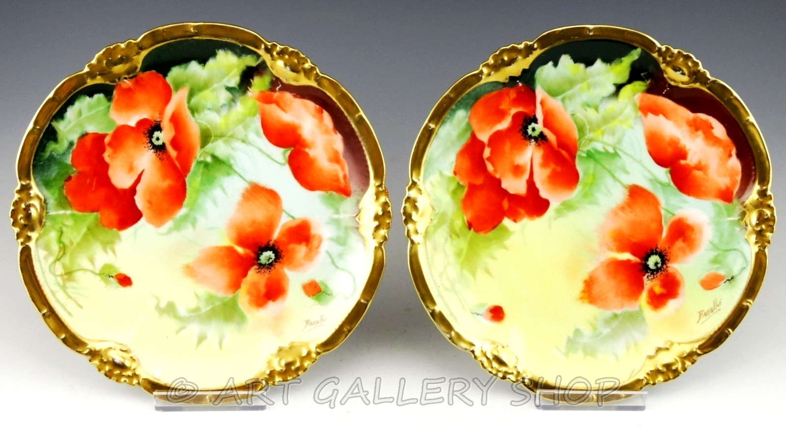 Antique Limoges Coronet France POPPIES FLOWERS /GOLD PLATES Set 2 Signed Baralhe