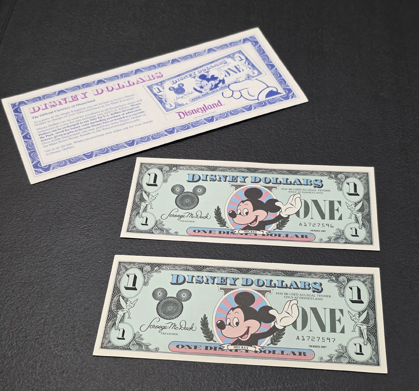 2 1987 Disney Dollars Consecutive Serial Numbers Series A $1 Mickey Disneyland
