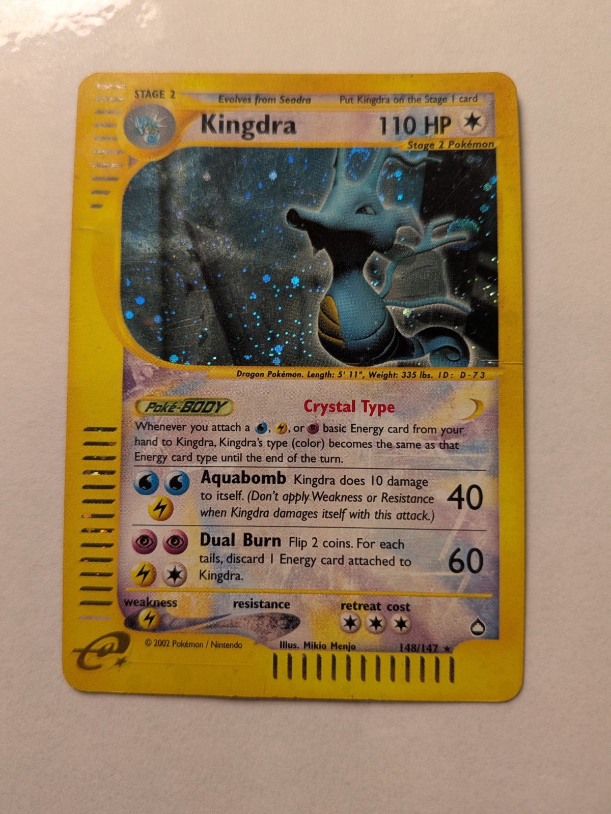 KINGDRA POKEMON AQUAPOLIS CRYSTAL TYPE HOLO SECRET RARE 148/147 2002 DAMAGED KINGDRA POKEMON AQUAPOLIS CRYSTAL TYPE HOLO SECRET RARE 148/147 2002 DAMAGED