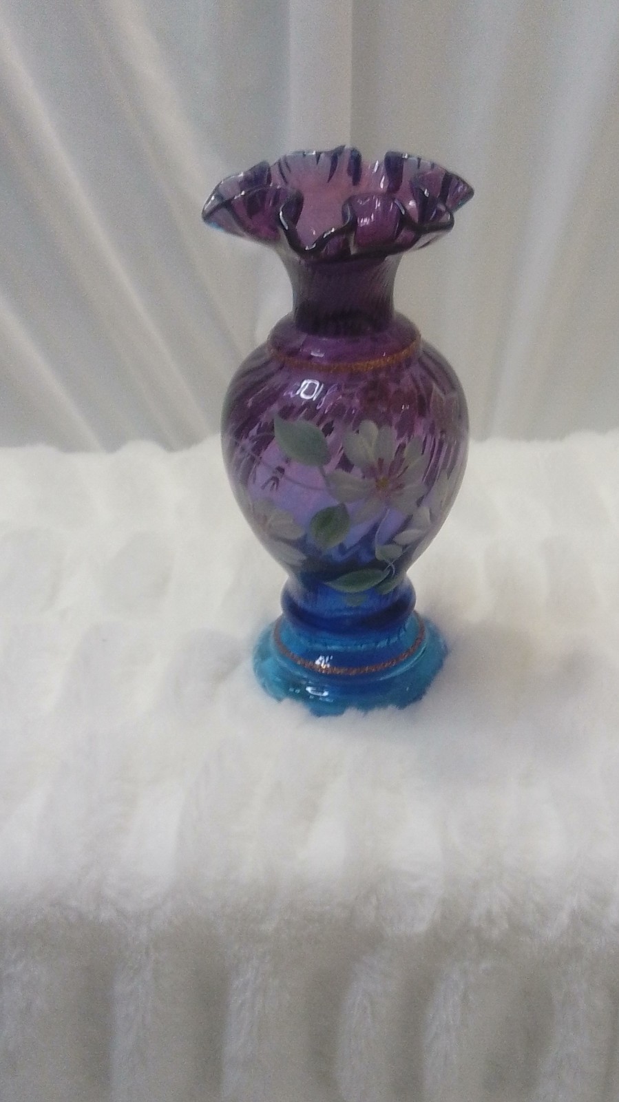 Fenton Mulberry Hand Painted Floral Art Glass Vase Signed 1996 1946-1996
