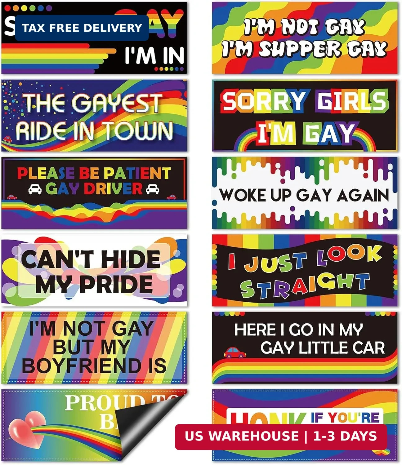12 Pcs Rainbow Magnetic Car Stickers, Gay Pride Car Magnets, Reusable Prank Bump