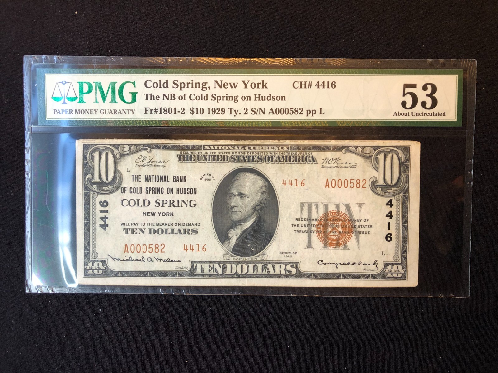 Cold Spring, New York, Series 1929 $10.00 National Currency Bank Note, PMG 53 Cold Spring, New York, Series 1929 $10.00 National Currency Bank Note, PMG 53